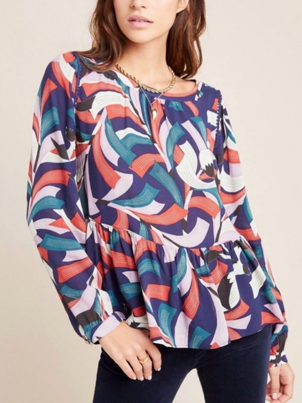 Maeve Navy Multi-Color Abstract Peplum Blouse